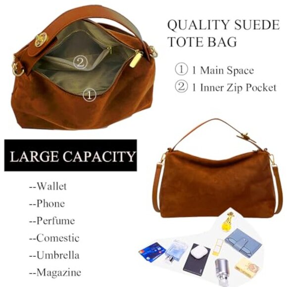 Suede Hobo Tote Handbag Slouchy Vintage Purse Adjustable Strap Elegant Boho - Picture 6 of 7